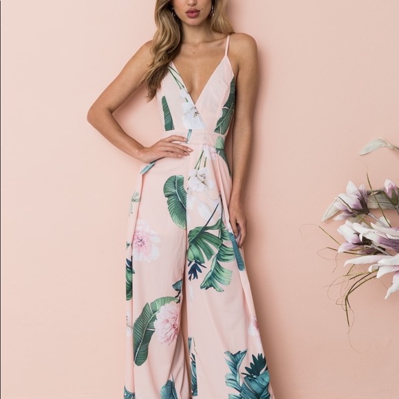 B2G1♦️Pink Floral Back Tie Wide Leg Jumpsuit - Picture 2 of 8